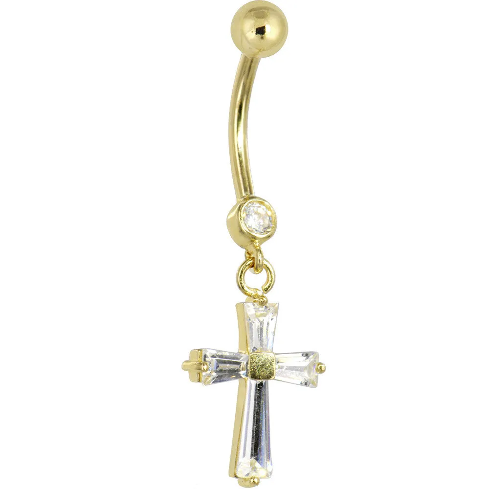 16 Gauge Solid 14kt Yellow Gold Cubic Zirconia Cross Dangle Belly Ring