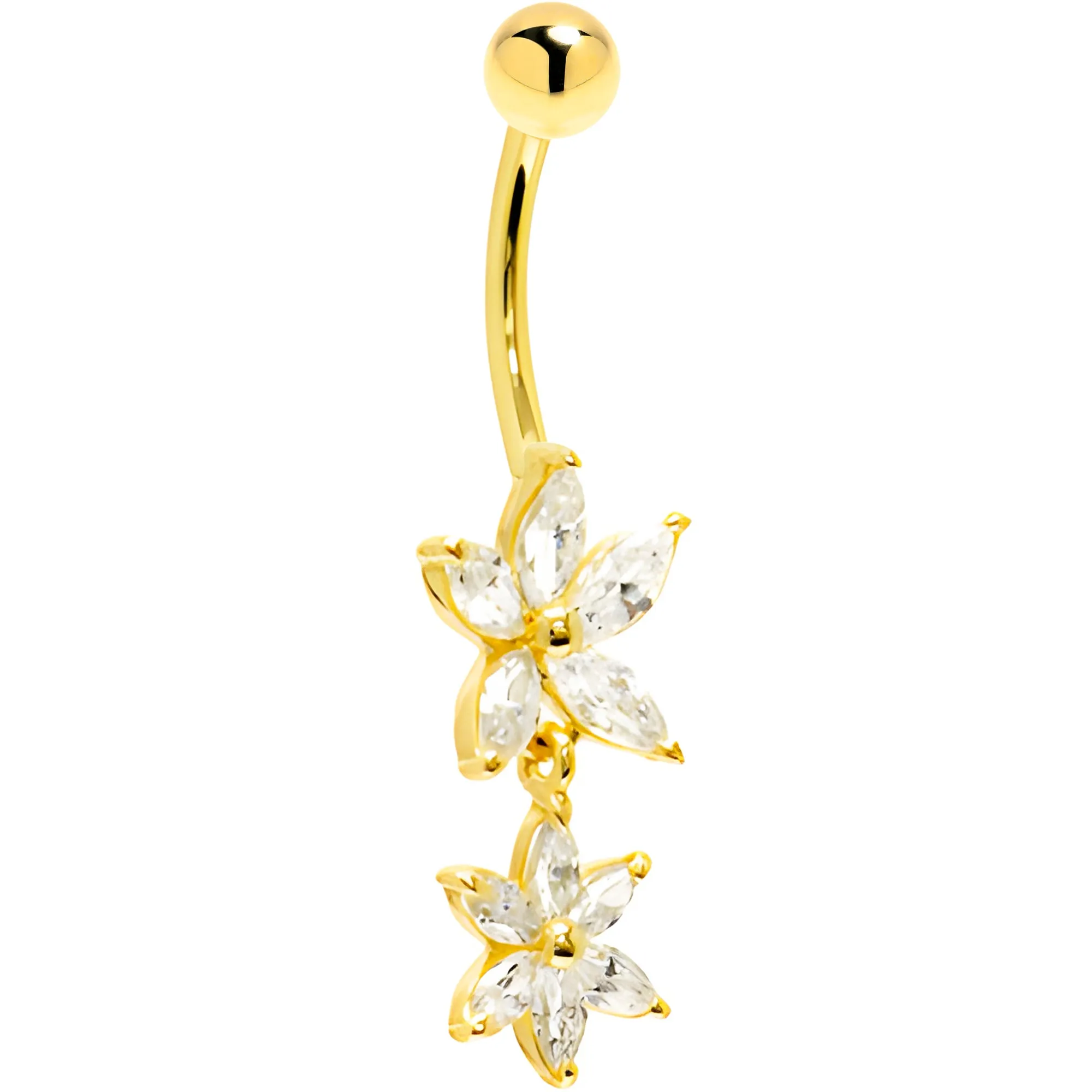 16 Gauge Solid 14KT Yellow Gold Cubic Zirconia DUAL LILY Dangle Belly Ring