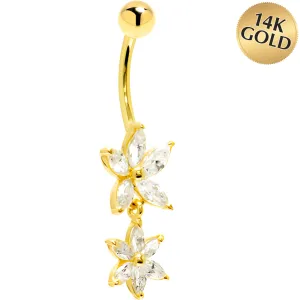 16 Gauge Solid 14KT Yellow Gold Cubic Zirconia DUAL LILY Dangle Belly Ring