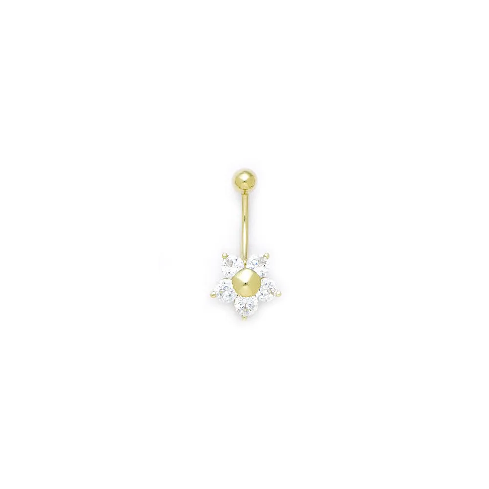 16 Gauge Solid 14kt Yellow Gold Cubic Zirconia Five Petal Flower Belly Ring