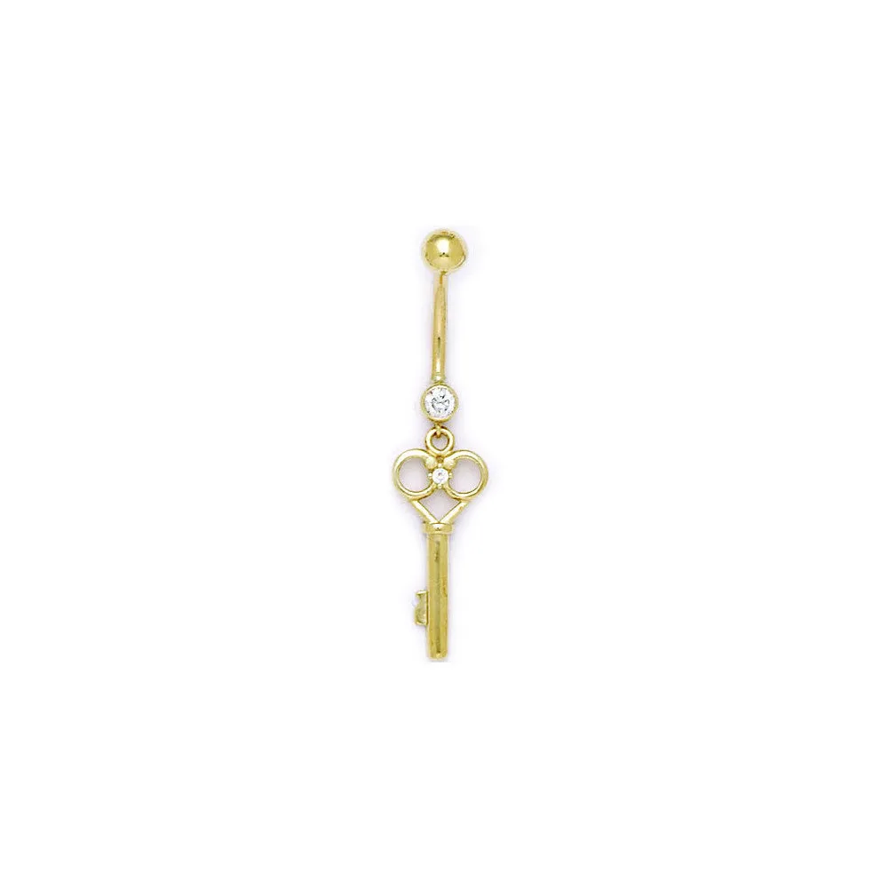 16 Gauge Solid 14KT Yellow Gold Cubic Zirconia SKELETON KEY Belly Ring