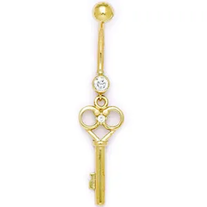 16 Gauge Solid 14KT Yellow Gold Cubic Zirconia SKELETON KEY Belly Ring