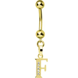 16 Gauge Solid 14kt Yellow Gold CZ Initial F Belly Ring