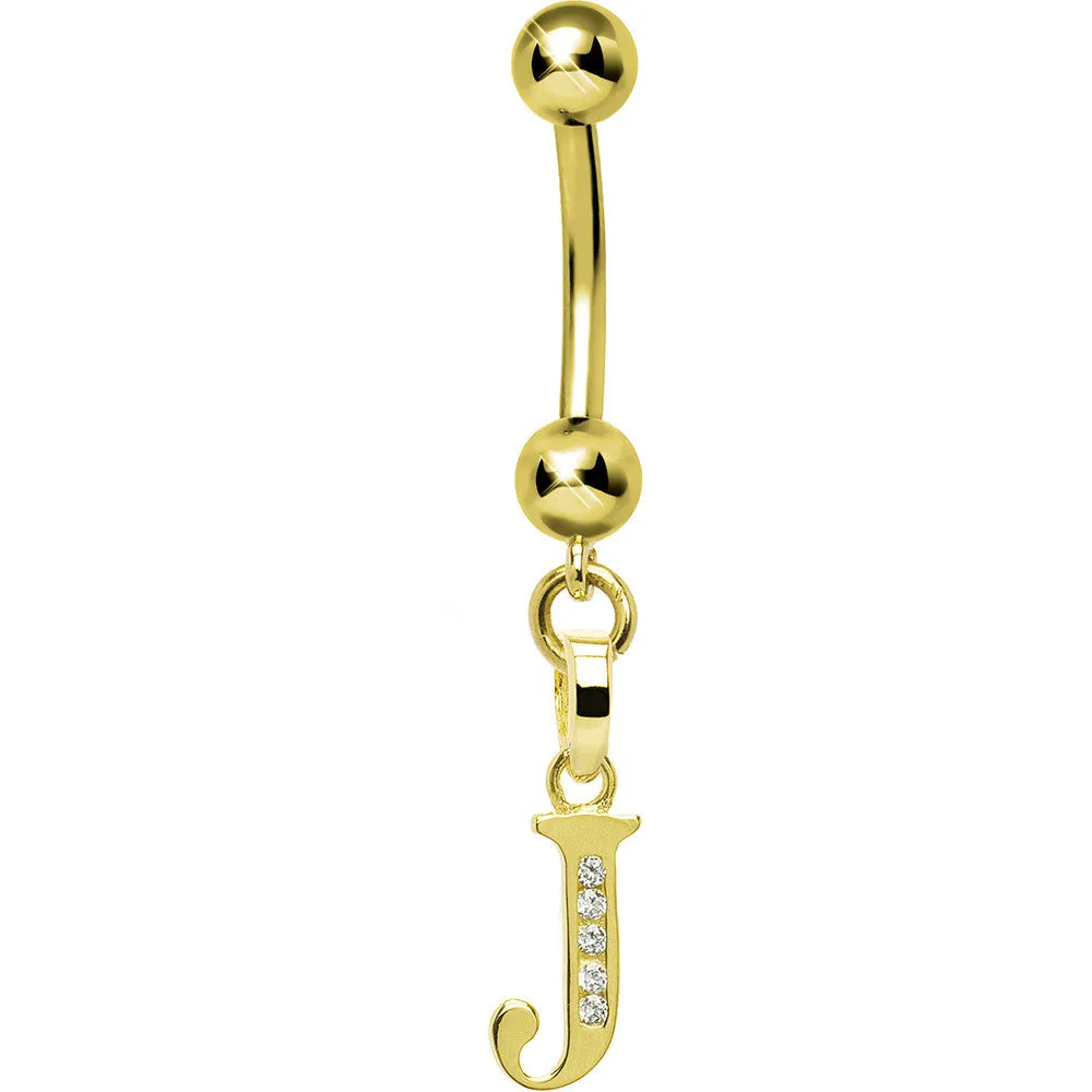 16 Gauge Solid 14kt Yellow Gold CZ Initial J Belly Ring