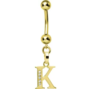 16 Gauge Solid 14kt Yellow Gold CZ Initial K Belly Ring