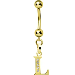 16 Gauge Solid 14kt Yellow Gold CZ Initial L Belly Ring