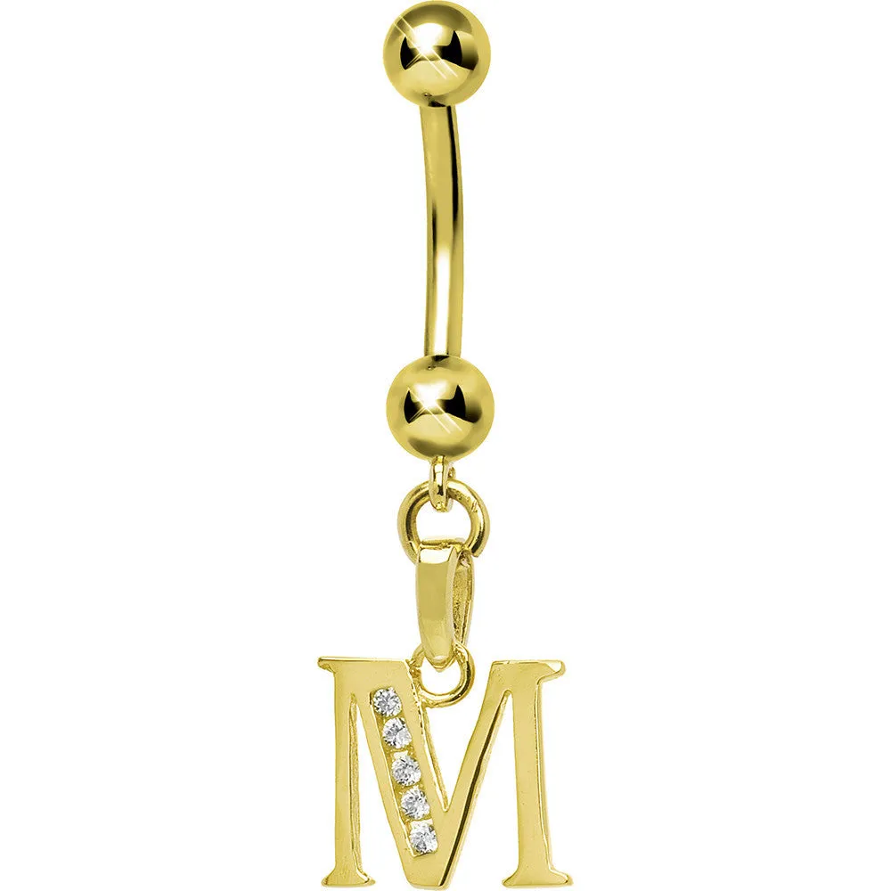 16 Gauge Solid 14kt Yellow Gold CZ Initial M Belly Ring