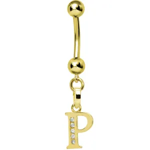 16 Gauge Solid 14kt Yellow Gold CZ Initial P Belly Ring