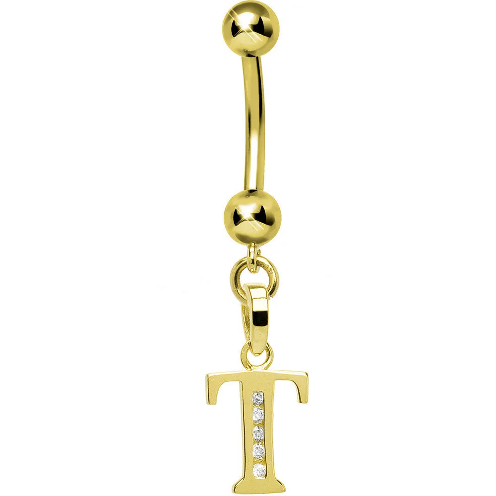 16 Gauge Solid 14kt Yellow Gold CZ Initial T Belly Ring