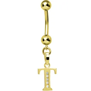16 Gauge Solid 14kt Yellow Gold CZ Initial T Belly Ring