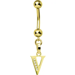 16 Gauge Solid 14kt Yellow Gold CZ Initial V Belly Ring