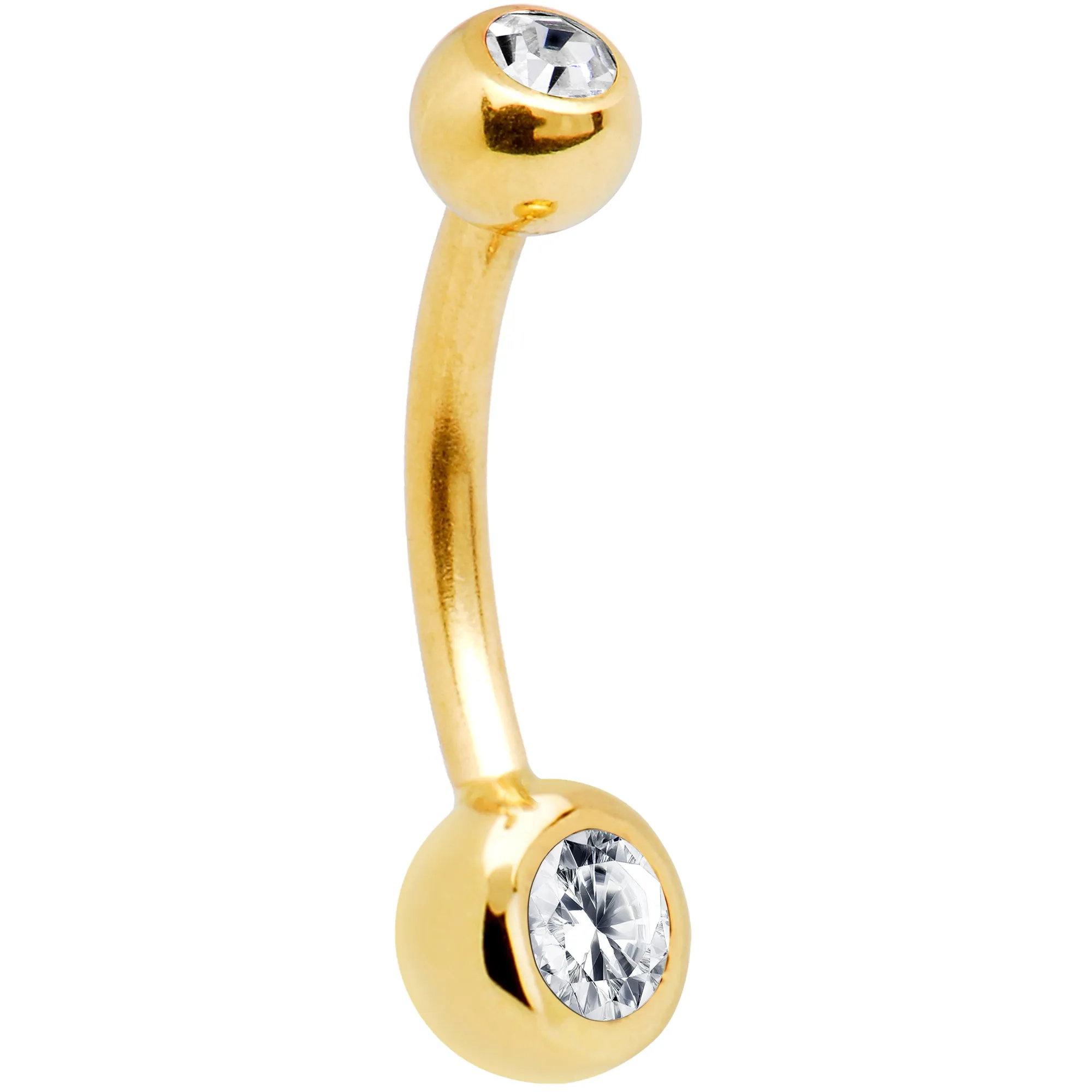 16 Gauge Solid 14KT Yellow Gold Double Gem Cubic Zirconia Belly Ring