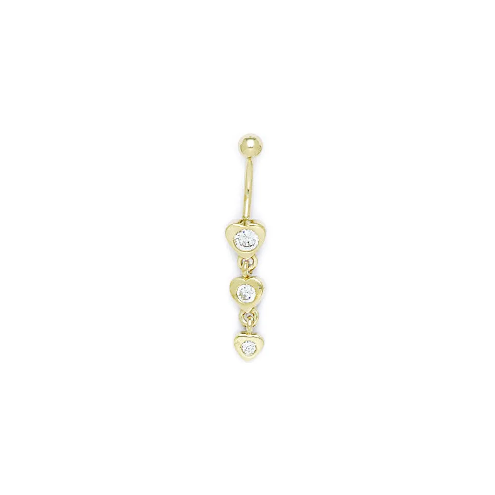 16 Gauge Solid 14kt Yellow Gold Zirconia Heart Drop Belly Ring
