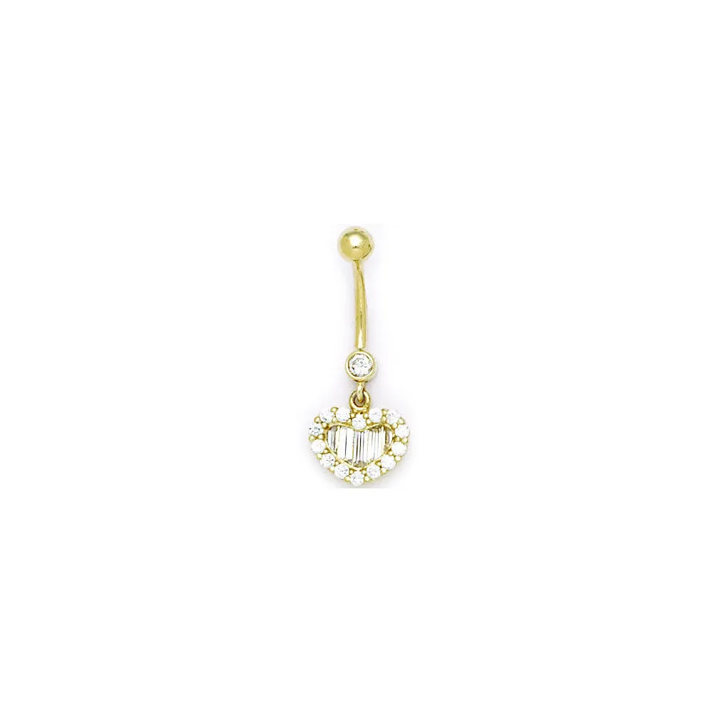 16 Gauge Solid 14kt Yellow Gold Zirconia Noble Heart Belly Ring