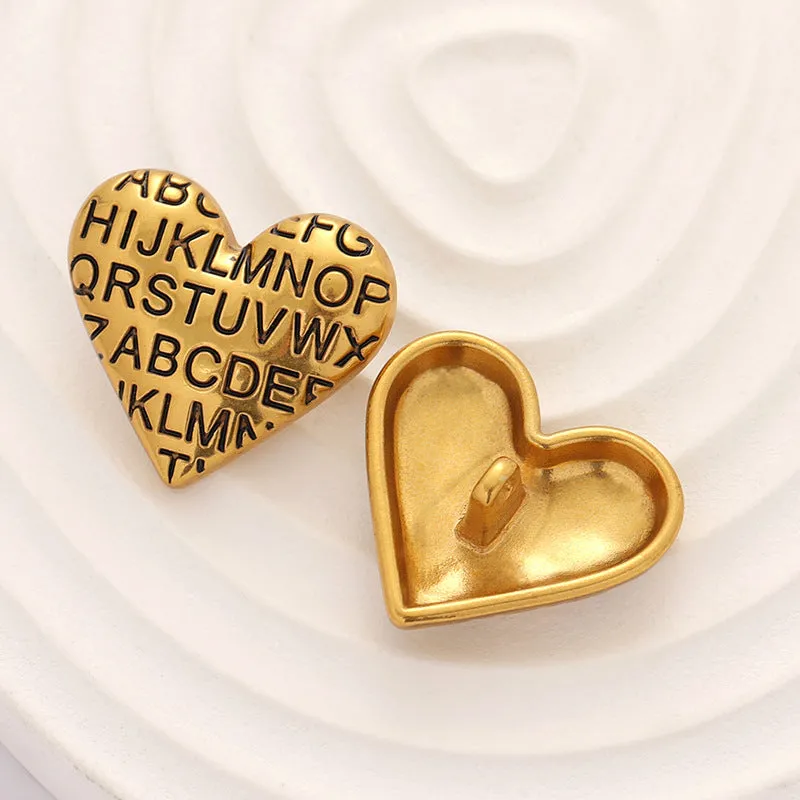 20-23mm Vintage Golden Heart-Shape Letter Metal Button 8pcs