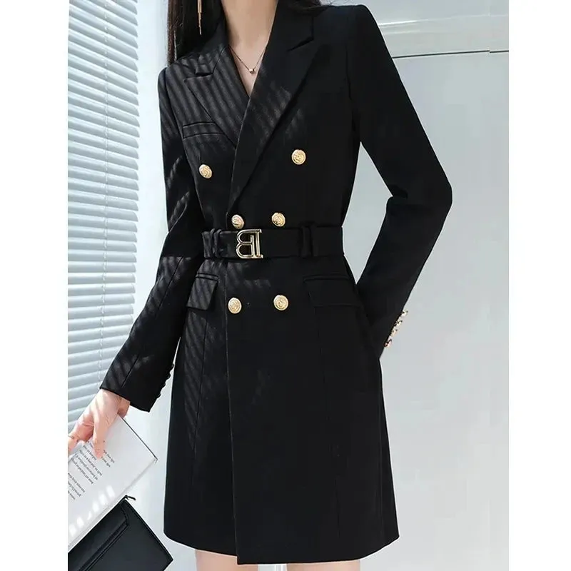 2024 New Spring Autumn Mid-Length Women's Suit Dress Fashion Jackets Button Slim Belt Notched Casual Blazer Coats White Outwear