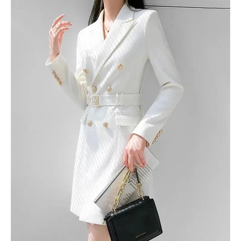 2024 New Spring Autumn Mid-Length Women's Suit Dress Fashion Jackets Button Slim Belt Notched Casual Blazer Coats White Outwear