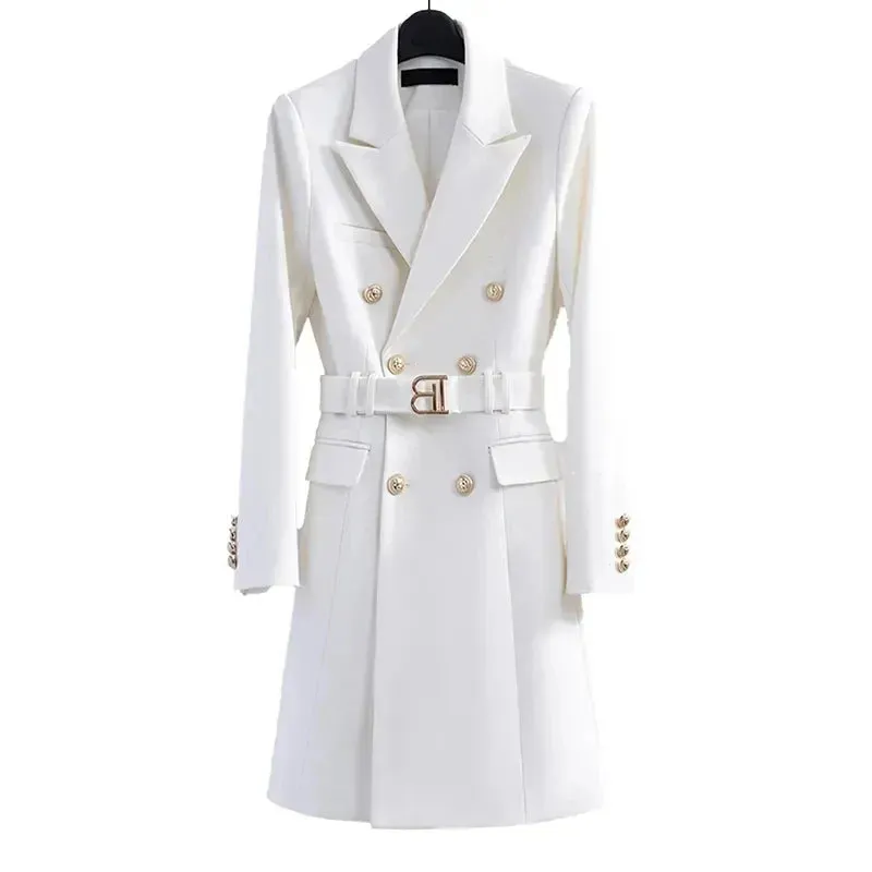 2024 New Spring Autumn Mid-Length Women's Suit Dress Fashion Jackets Button Slim Belt Notched Casual Blazer Coats White Outwear