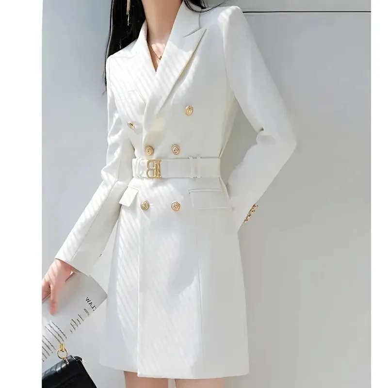 2024 New Spring Autumn Mid-Length Women's Suit Dress Fashion Jackets Button Slim Belt Notched Casual Blazer Coats White Outwear