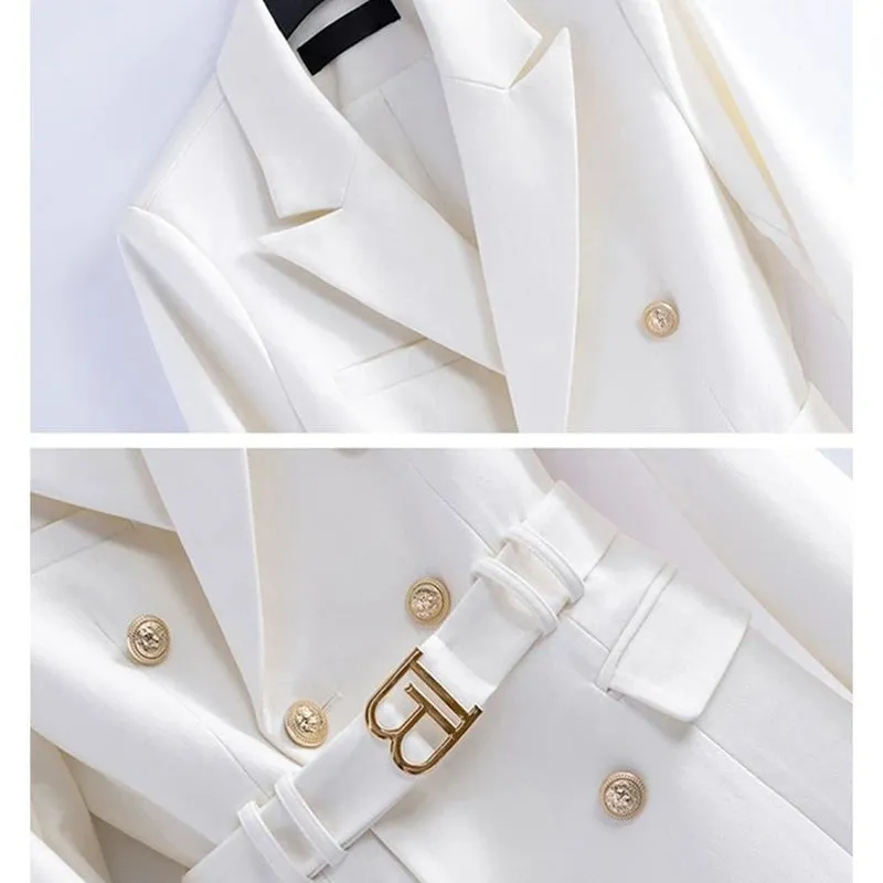 2024 New Spring Autumn Mid-Length Women's Suit Dress Fashion Jackets Button Slim Belt Notched Casual Blazer Coats White Outwear