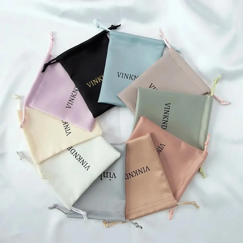 50pcs Custom Logo Drawstring Gift Bags Jewelry Organizer Small Pouches 7X9cm Silk Satin Ring Earrings Wedding Favor Candy Bag