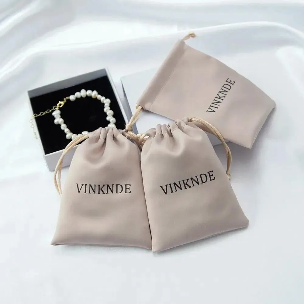 50pcs Custom Logo Drawstring Gift Bags Jewelry Organizer Small Pouches 7X9cm Silk Satin Ring Earrings Wedding Favor Candy Bag