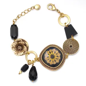 ANTIQUE GOLD FLOWER BLACK WRAP AROUND  BRACELETS #195BK2101 (2C3)