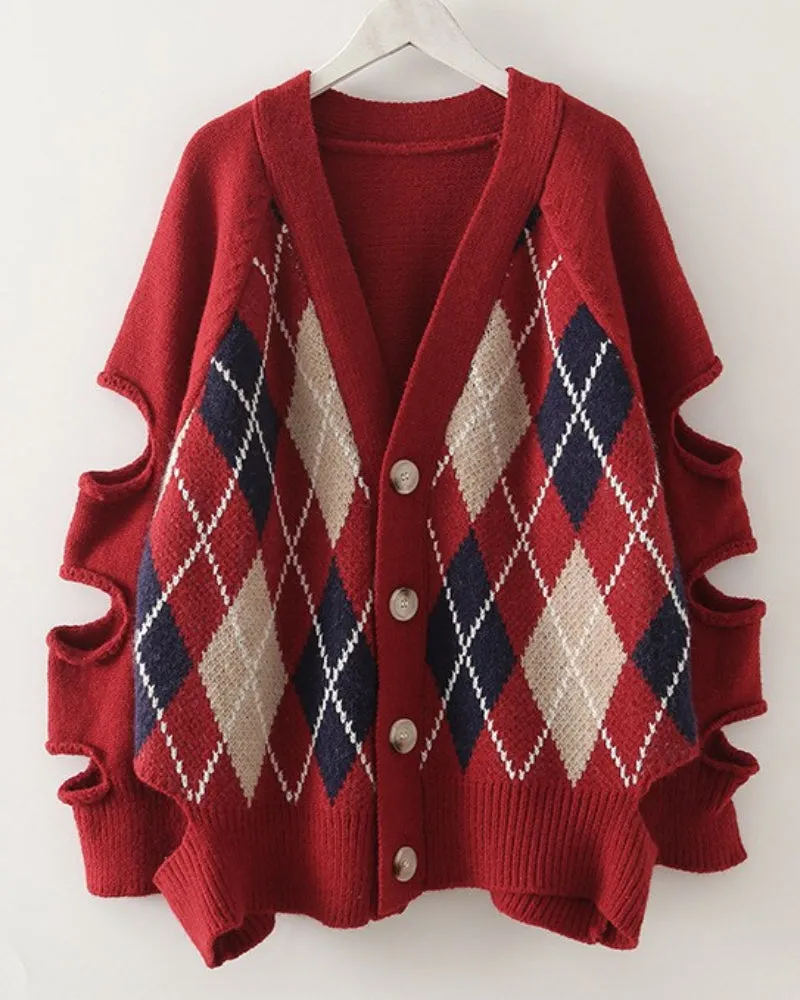 Argyle Pattern Knit Hollow-out Sleeves Sweaters