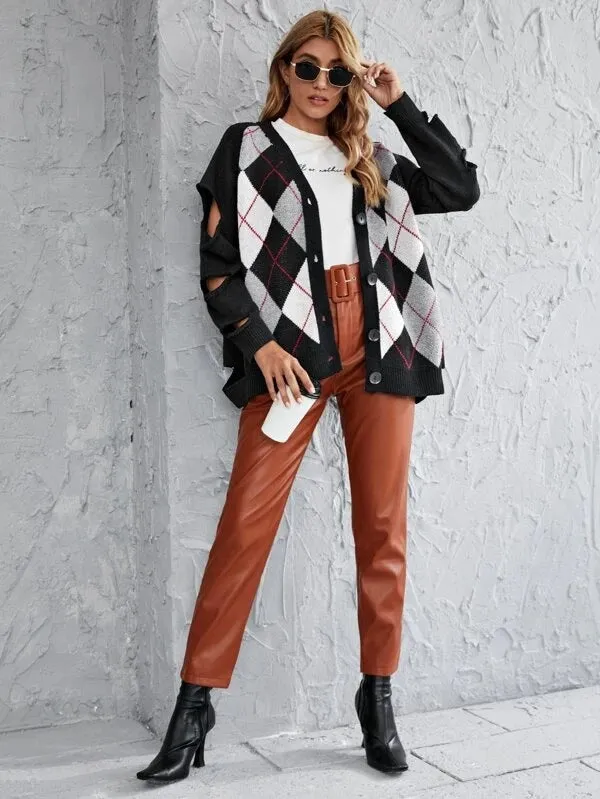 Argyle Pattern Knit Hollow-out Sleeves Sweaters