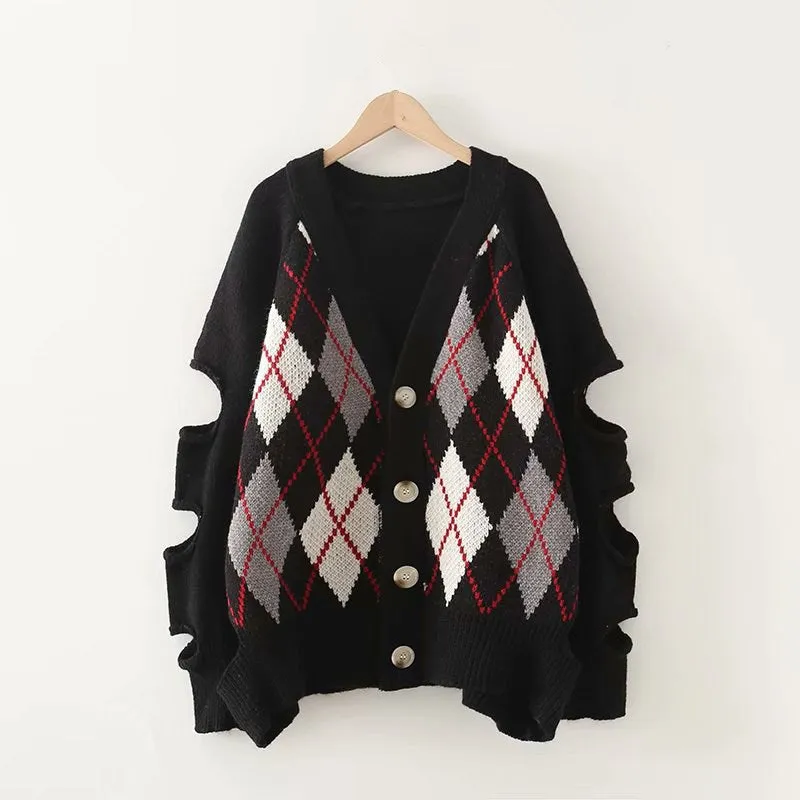 Argyle Pattern Knit Hollow-out Sleeves Sweaters