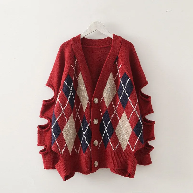 Argyle Pattern Knit Hollow-out Sleeves Sweaters