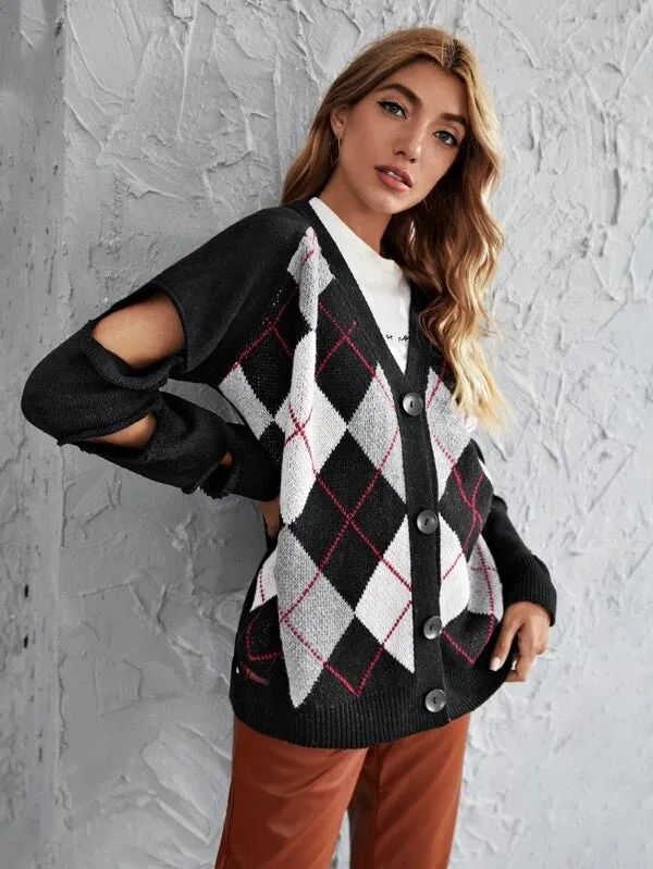 Argyle Pattern Knit Hollow-out Sleeves Sweaters