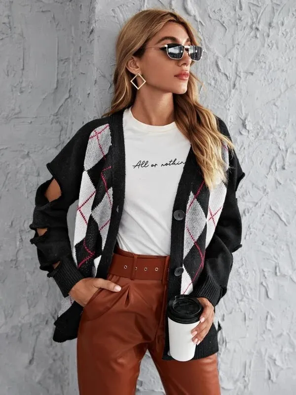 Argyle Pattern Knit Hollow-out Sleeves Sweaters
