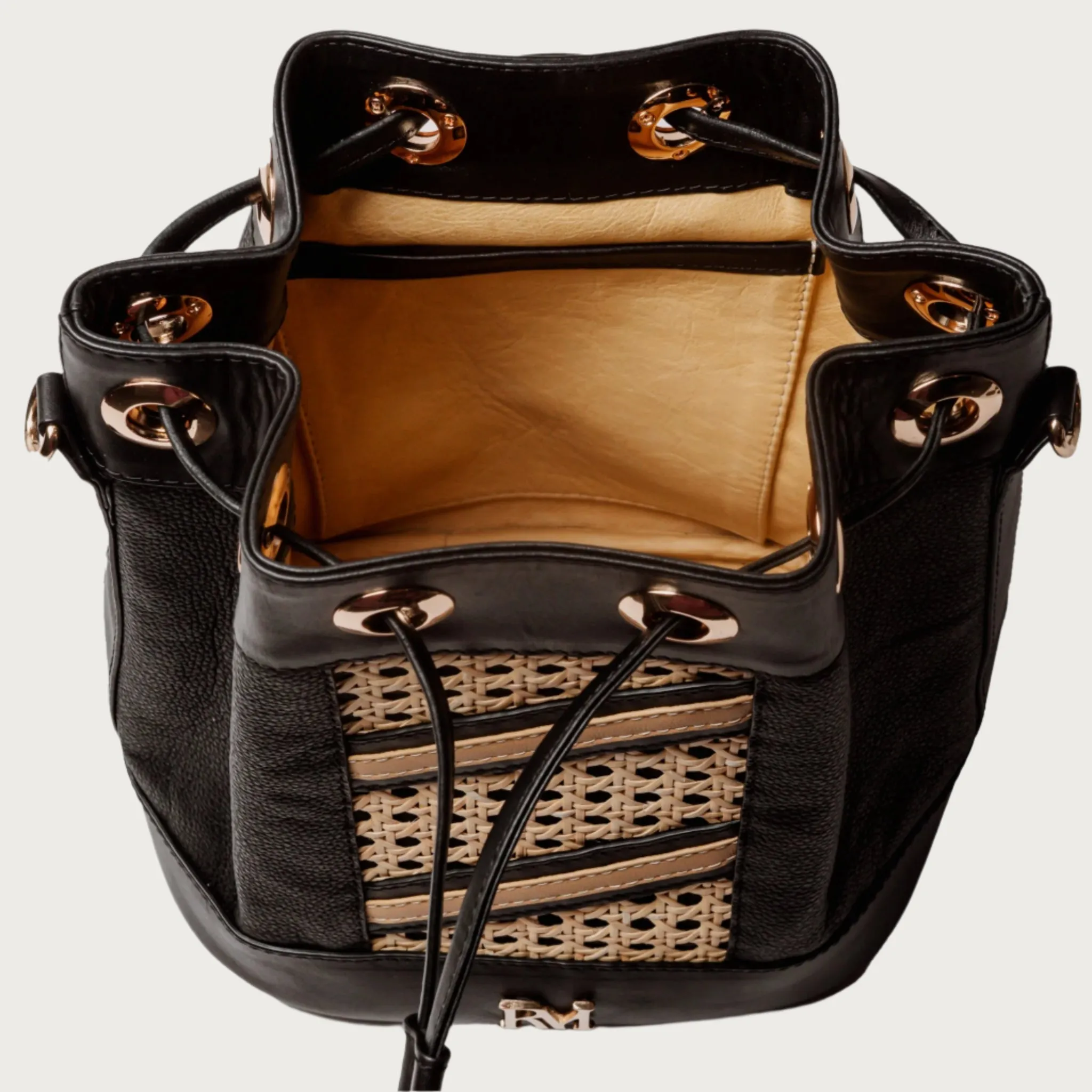 Aruma - Wicker & Black Leather Bucket Bag