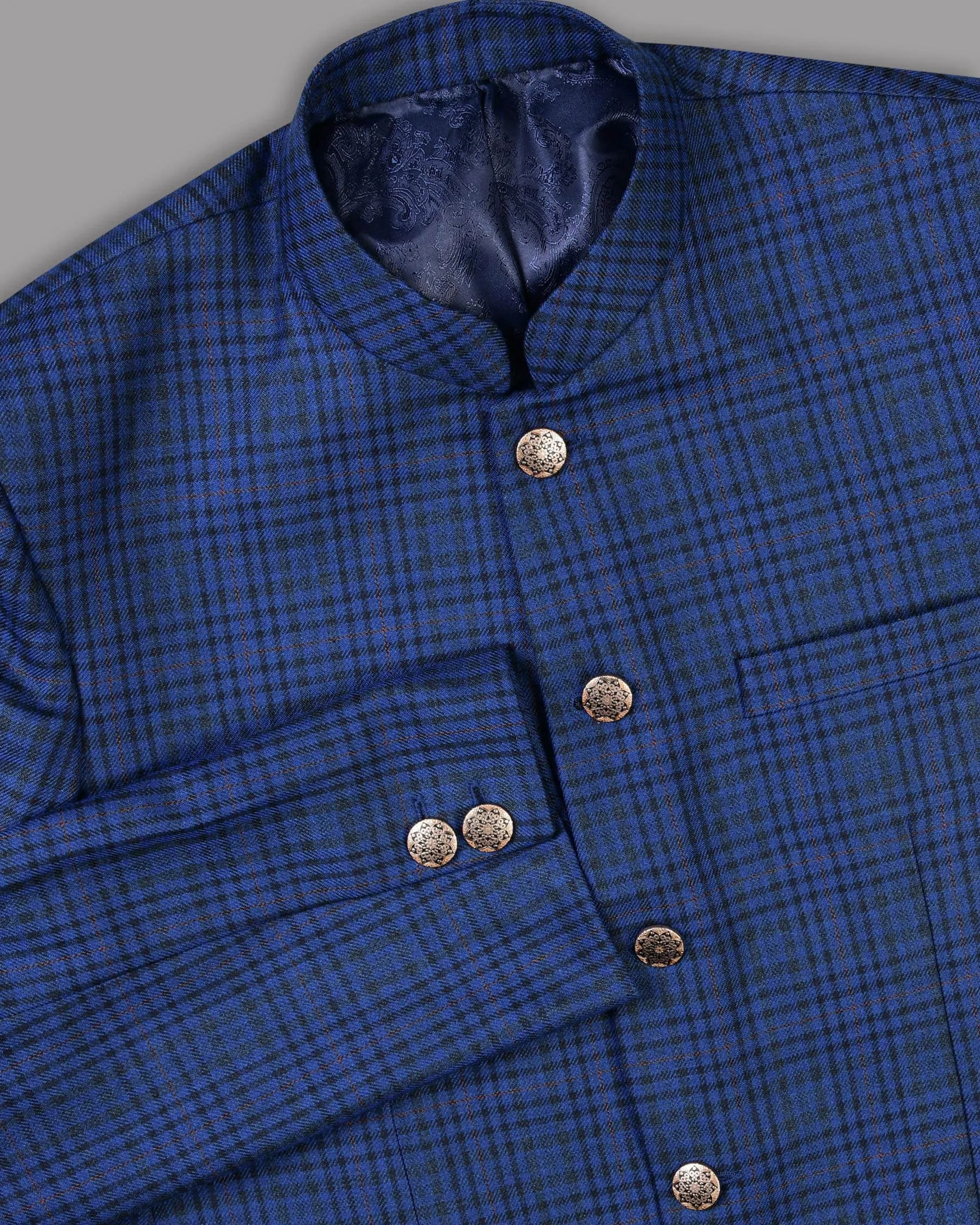 Astronaut Blue with Black Plaid Bandhgala/Mandarin Blazer