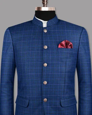 Astronaut Blue with Black Plaid Bandhgala/Mandarin Blazer