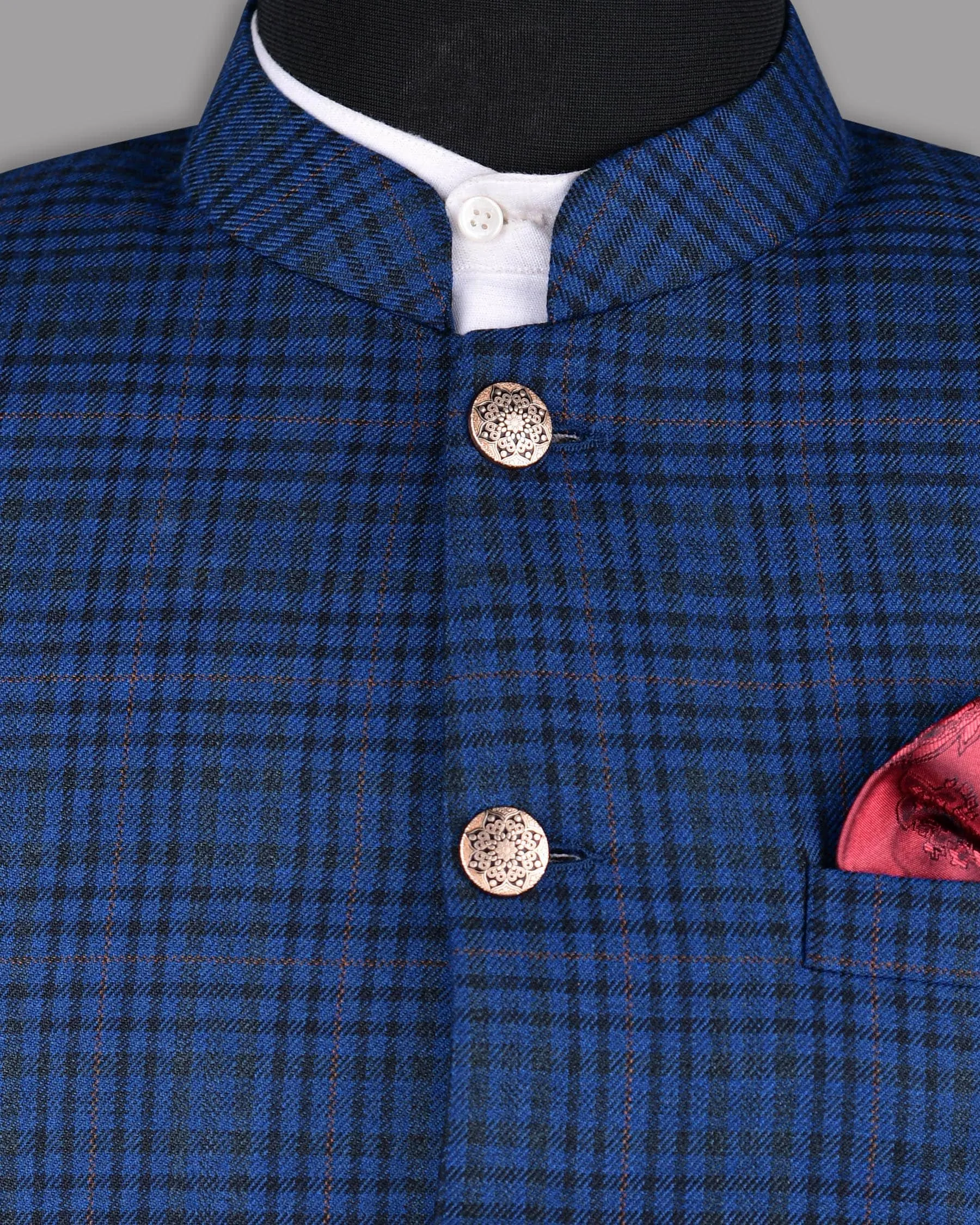 Astronaut Blue with Black Plaid Bandhgala/Mandarin Blazer