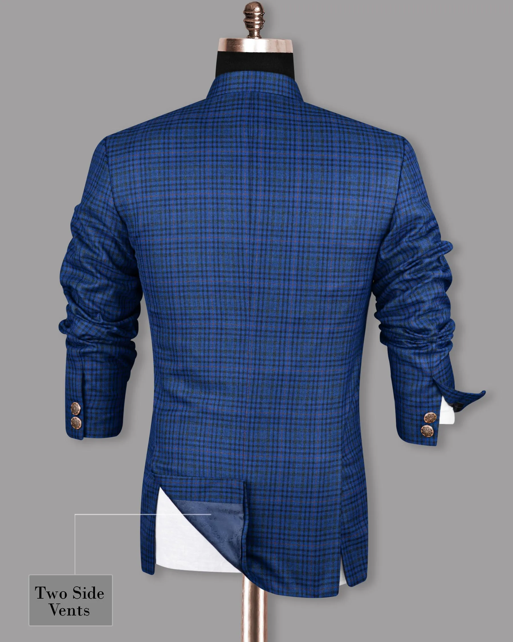 Astronaut Blue with Black Plaid Bandhgala/Mandarin Blazer