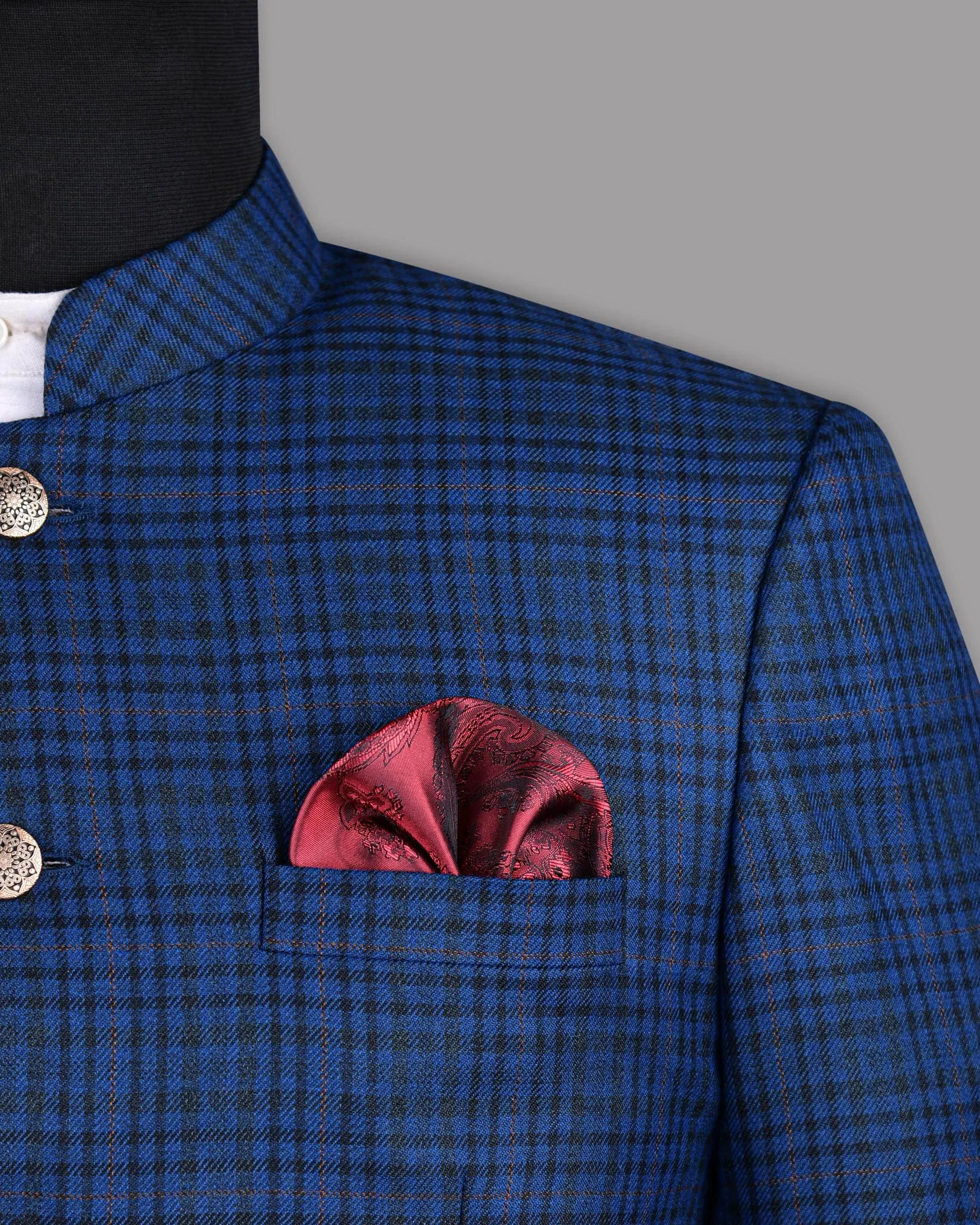Astronaut Blue with Black Plaid Bandhgala/Mandarin Blazer