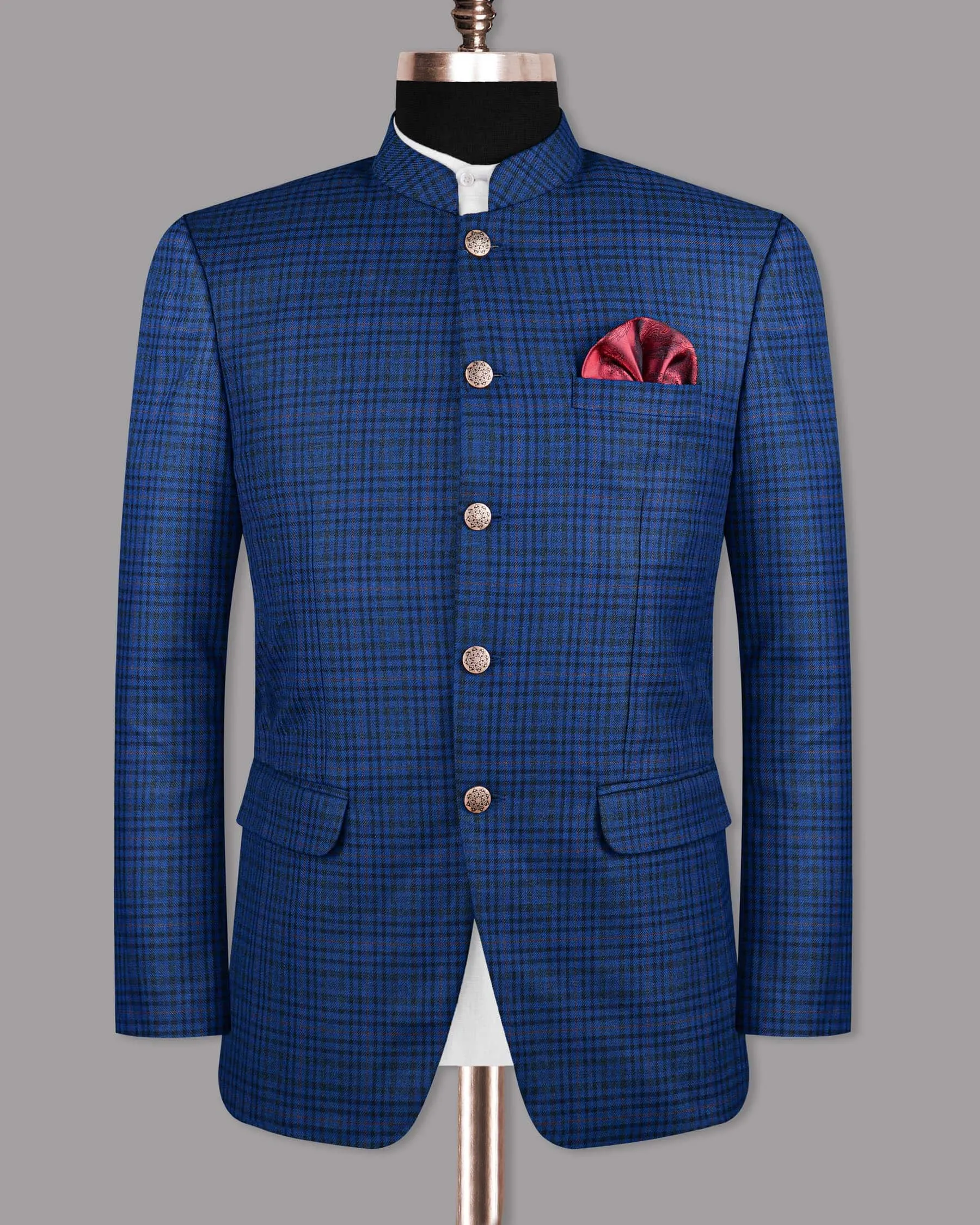 Astronaut Blue with Black Plaid Bandhgala/Mandarin Blazer
