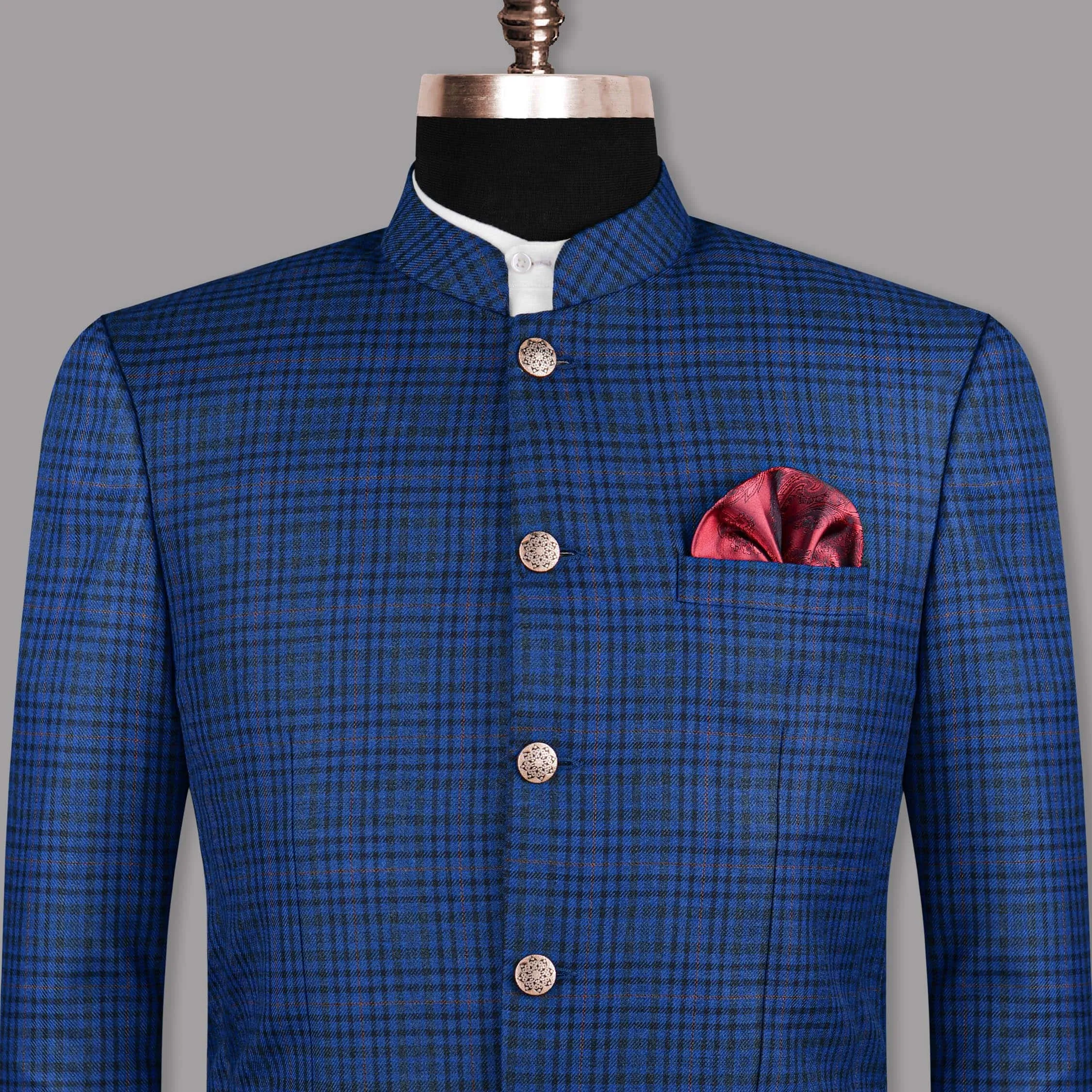 Astronaut Blue with Black Plaid Bandhgala/Mandarin Blazer
