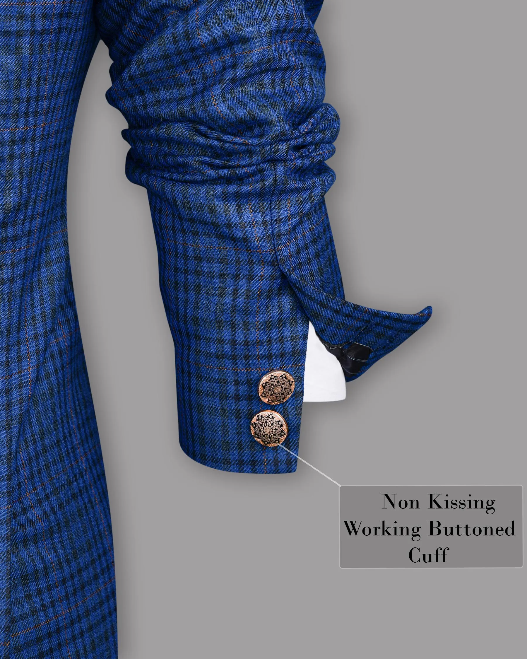 Astronaut Blue with Black Plaid Bandhgala/Mandarin Blazer