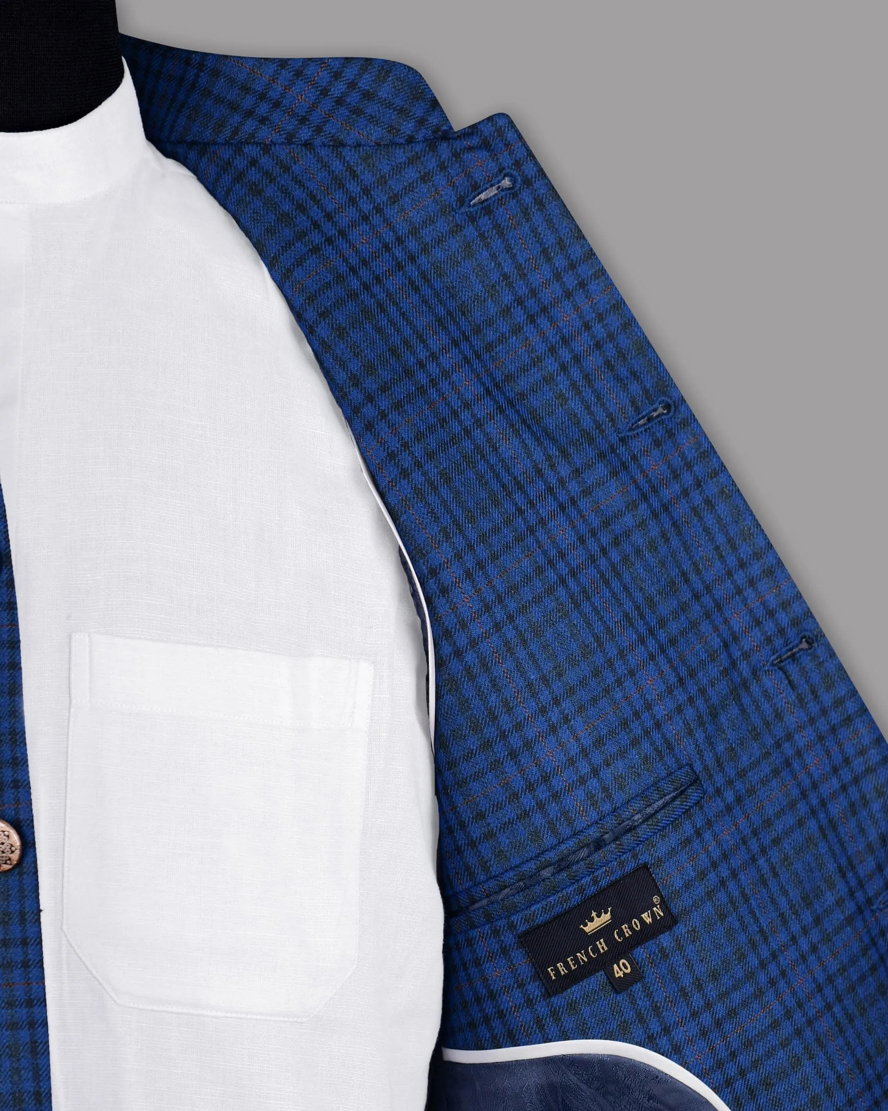 Astronaut Blue with Black Plaid Bandhgala/Mandarin Blazer