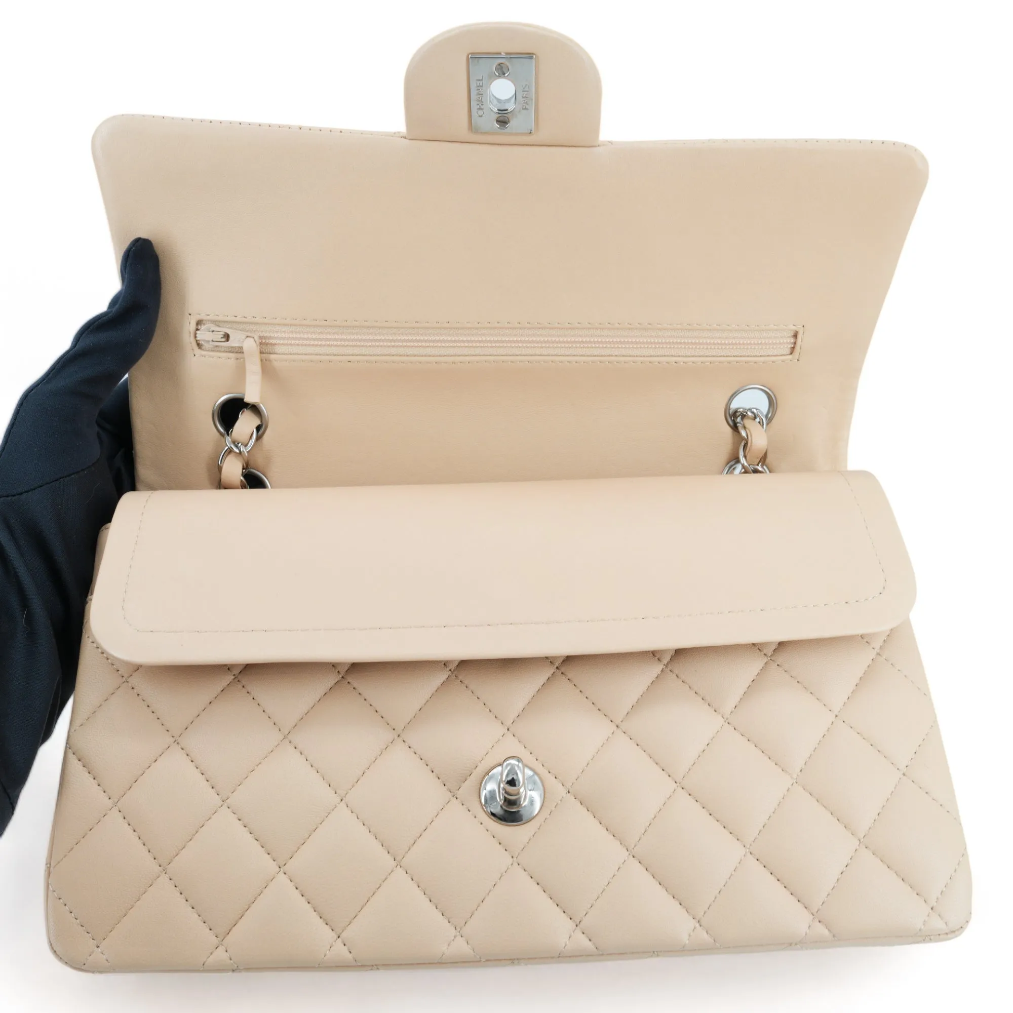 Beige Clair Lambskin Medium Classic Double Flap Bag