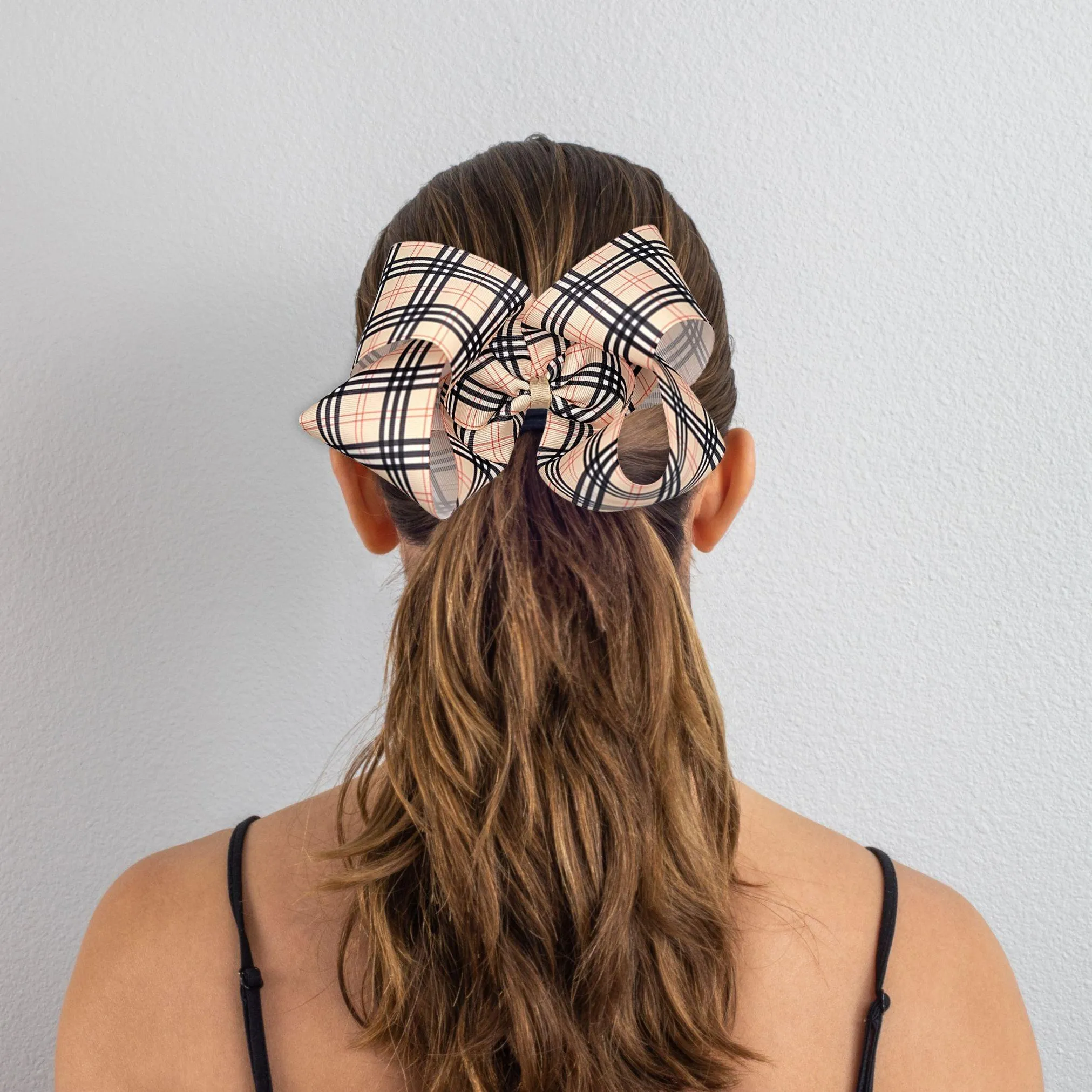 Beige Plaid Ribbon Hair Bow