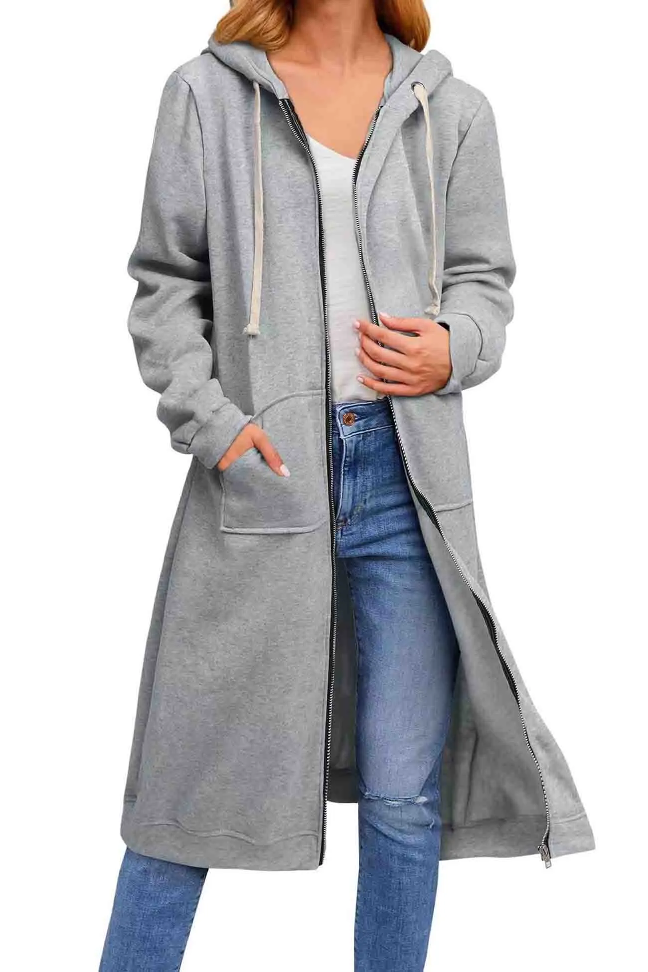BerryBetty - Solid Zip Up Drawstring Hooded Long Cardigan