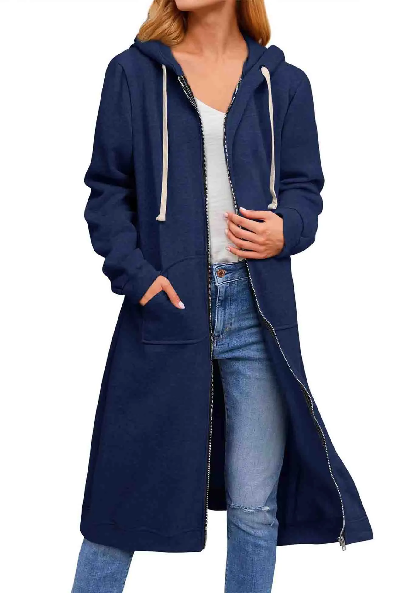 BerryBetty - Solid Zip Up Drawstring Hooded Long Cardigan