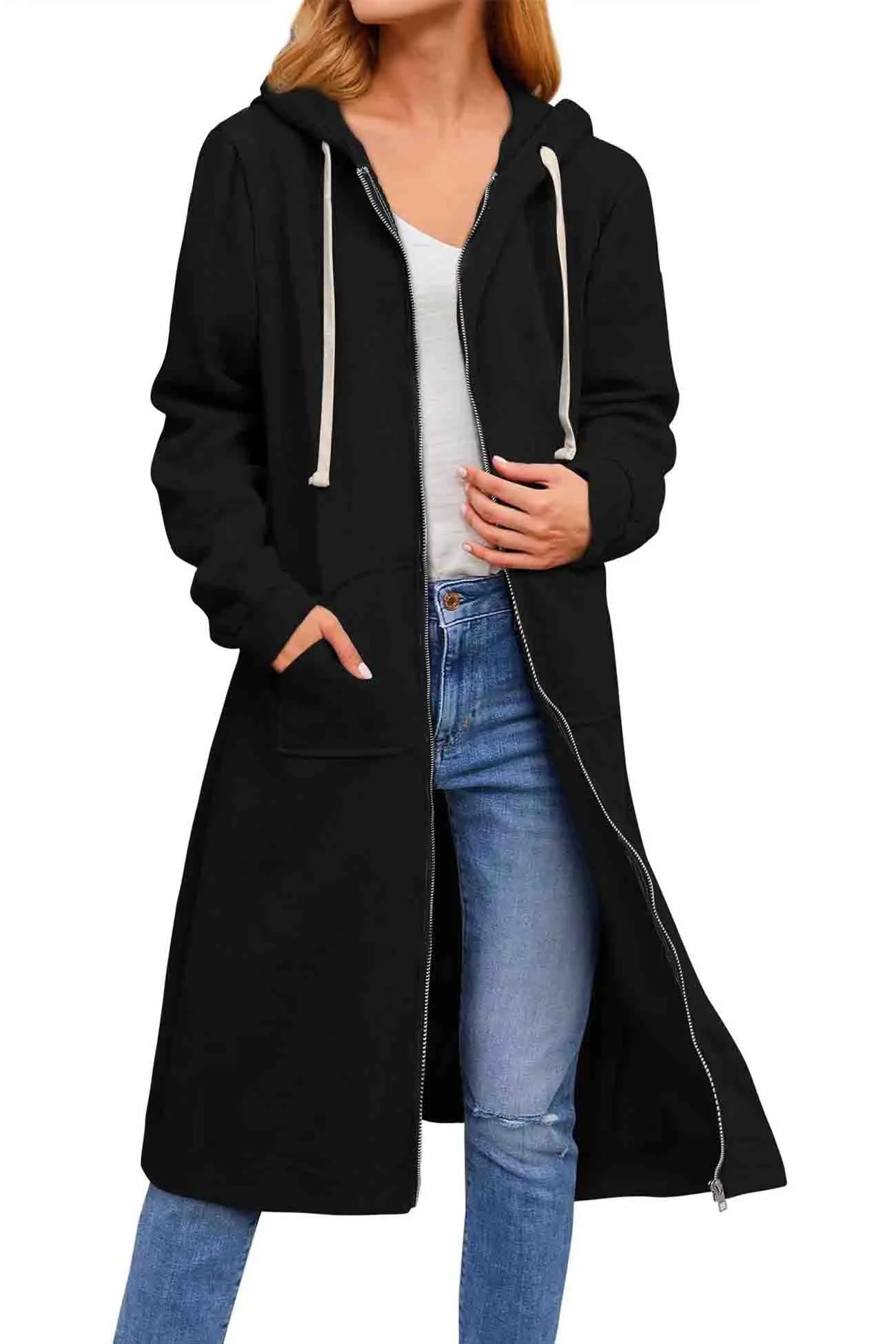 BerryBetty - Solid Zip Up Drawstring Hooded Long Cardigan