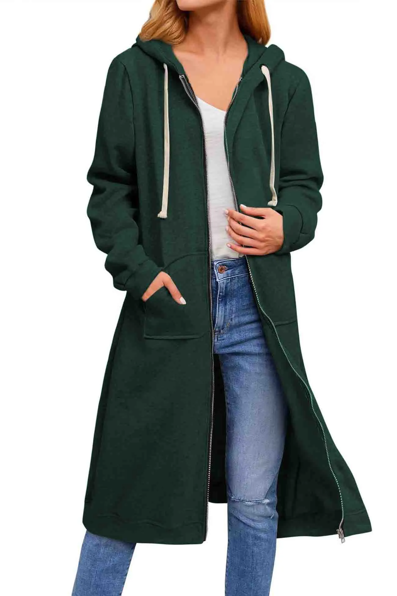 BerryBetty - Solid Zip Up Drawstring Hooded Long Cardigan