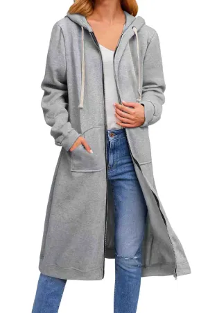 BerryBetty - Solid Zip Up Drawstring Hooded Long Cardigan
